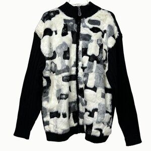 Rocawear Faux Fur Geometric Abstract Zip-Up Jacket Black White Women’s M